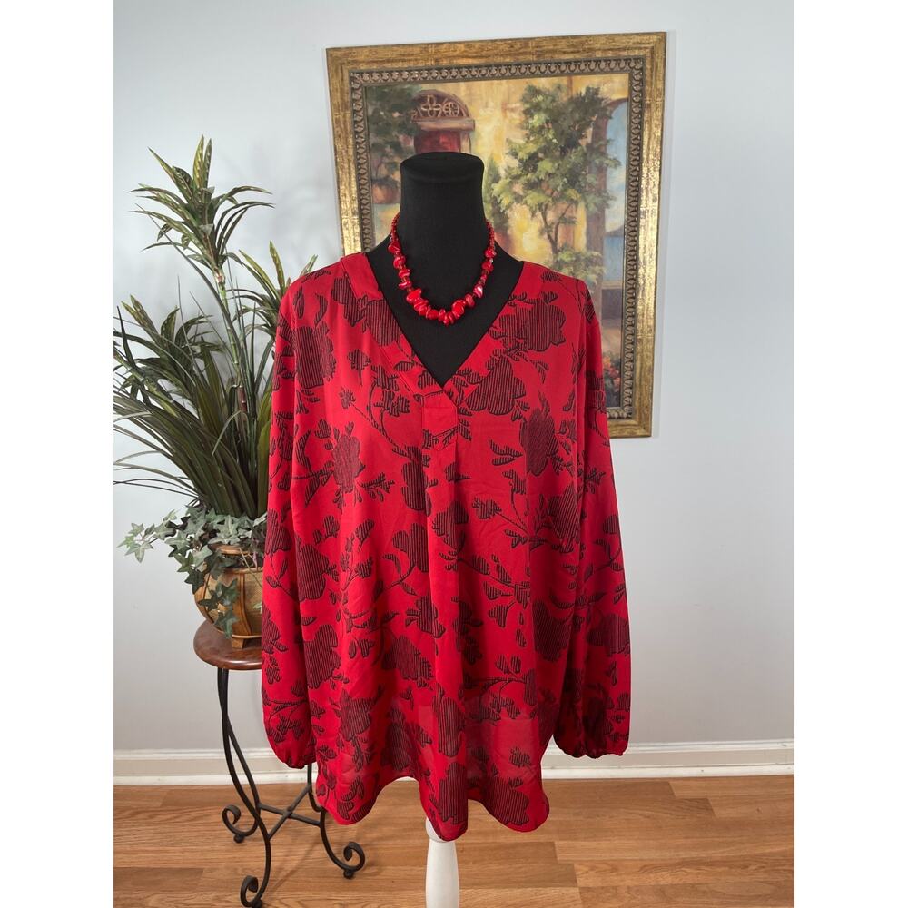 APT.9 Blouse Top Womens 2X Red Floral Balloon Sleeve V Neck‎ Whimsigoth Vibrant